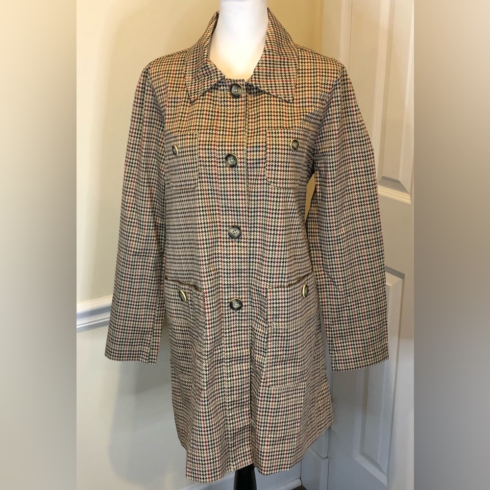 CAbi Houndstooth Sherlock Jacket w Tie Waste Belt Sz Large NWT